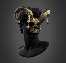 Dark Art Concept Illustration From 3D Rendering Of Black Classical Male Head Bust With Golden Skull Mask And Goat Devilish Horns Isolated On Grey Background.