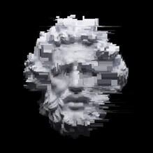 Digital Grayscale Illustration From 3D Rendering In Rectangle Pixel Glitch Corrupted Graphics Style Of White Marble Classical Head Sculpture Of Bearded Old Man And Isolated On Black Background.