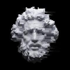 Digital grayscale illustration from 3D rendering in rectangle pixel glitch corrupted graphics style of white marble classical head sculpture of bearded old man and isolated on black background.