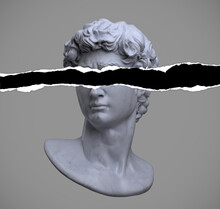 Abstract Concept 3D Rendering Illustration Of Classical Head Bust Sculpture With Eye Level Torn Paper Isolated On Grey Background.