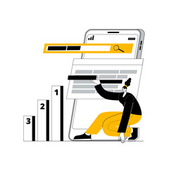 Aufkleber - An SEO specialist is working on the selection of keywords for website promotion in search engines. Vector illustration on the topic of SEO and website promotion on the Internet.