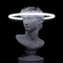 Abstract Illustration From 3d Rendering Of White Marble Classical Male Head Sculpture Illuminated By A White Neon Halo Ring On A Pedestal And Isolated On Black Background.
