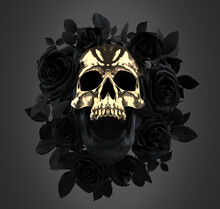 Concept Illustration 3D Rendering Of Scary Screaming Black Skull With Golden Skull Mask Surrounded By A Dark Black Roses Wreath With Leaves.
