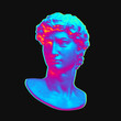 Digital illustration from 3D rendering of classical head bust isolated on background in pink and blue vaporwave and retrowave style colors.