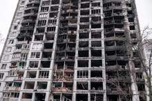 A High-rise Residential Building Burnt Down After A Fire. House After Being Hit By A Rocket