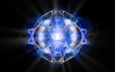 Poster - abstract illustration of a computer generated fantastic emblem in various shapes and shades on a black background for use in symbology, signs for digital design and graphics