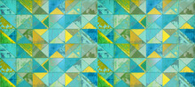 Abstract Green Yellow Turquoise Colorful Triangular Cement Stone Mosaic Tiles, Tile Mirror Or Wallpaper Texture With Geometric Hexagon Triangles Background Banner Panorama