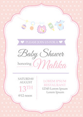 Wall Mural - Classic baby girl shower invitation template with baby toys