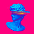 © Rrose Selavy - Glitch art psychedelic colors illustration concept from 3D rendering of corrupted graphics error deformed blue classical head marble sculpture on pink background.