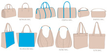 Set Of Illustrations Of Bags In Pastel Colors. Bowling, Hobo, Trapezoid, Duffle, Barrel, Tote. Collection Of Luxury Modern Accessories.