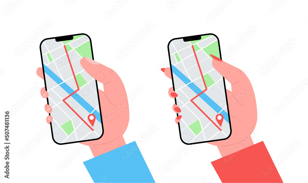 Mobile GPS navigation, tracking concept on smartphone app. Woman hand ...