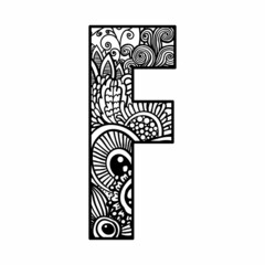 Wall Mural - Zentangle letter F monogram font. Vector ornamental and decorative template illustration for printing on postcards, t-shirts, bags, cups, clothing, Wallpaper, posters, coloring books, interior paintin