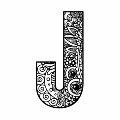 Wall Mural - Zentangle letter J monogram font. Vector ornamental and decorative template illustration for printing on postcards, t-shirts, bags, cups, clothing, Wallpaper, posters, coloring books, interior paintin