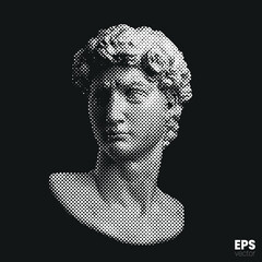 Vector white dot halftone mode illustration of male classical style head sculpture from 3d rendering isolated on black background. 