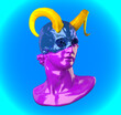 Funny concept illustration from 3D rendering illustration of a broken classical head bust sculpture with shiny skull and devilish horns in pop art bright colors isolated on blue background.