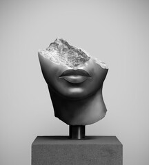 Wall Mural - 3D rendering illustration of antique female lower head fragment and broken sculpture with pedestal isolated on grey background.