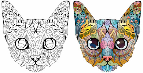 Wall Mural - Zentangle stylized head of cat. Hand Drawn lace vector illustration. Color and outline set.