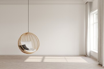 White empty room with rattan lounge hanging chair, empty white wall. Light and shadows on the foor. 3D rendering, layout for art presentation