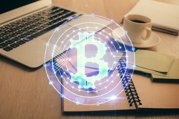 Poster - Double exposure of crypto technology drawing and desktop with coffee and items on table background. Concept of blockchain
