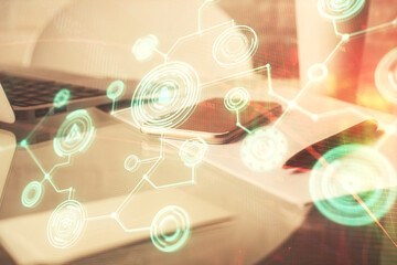 Poster - Double exposure of social network theme drawing and cell phone background. Concept of people connection over the world