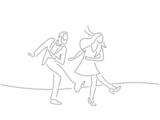 Wall Mural - Modern dancers in line art drawing style. Composition of a couple dancing. Black linear sketch isolated on white background. Vector illustration design.