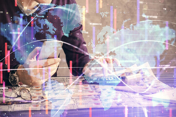 Poster - Double exposure of man's hands holding and using a phone and international business theme drawing.