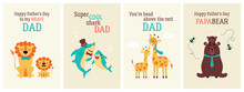 Happy Father's Day Greeting Card Set With Cute Animals. Childish Print For Cards And Stickers Decoration