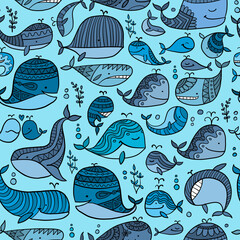 Poster - Wild whales. Childish style seamless pattern for your design