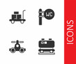 © Iryna - Set Oil railway cistern, Trolley suitcase, Handcar transportation and Toilet icon. Vector