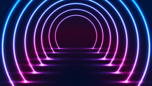 Abstract Glowing Neon Lighting Rounded Tunnel Walkway Technology Futuristic Retro Style