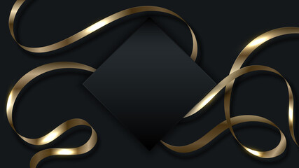 Wall Mural - 3D golden ribbon curly shape elements with black square badge on dark background luxury style