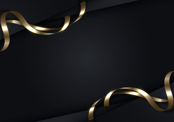 Wall Mural - 3D modern luxury template design black stripes with golden ribbon curly and lighting on dark background