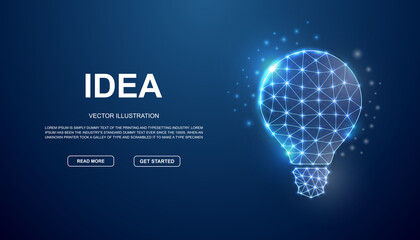 Wall Mural - Light bulb 3d low poly symbol with connected dots for blue landing page. Inspiration design illustration concept. Polygonal Innovation illustration