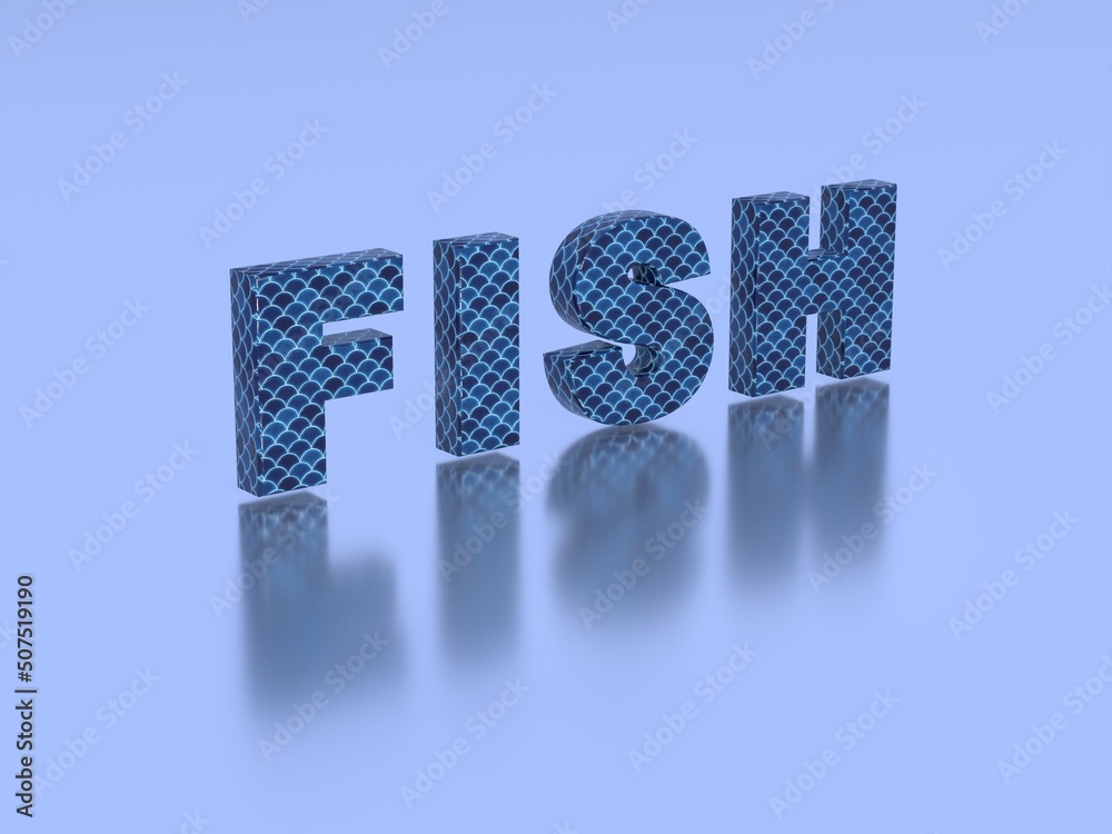 Word Fish View Tasty fish with scales word 3D render text scene with reflection on ...