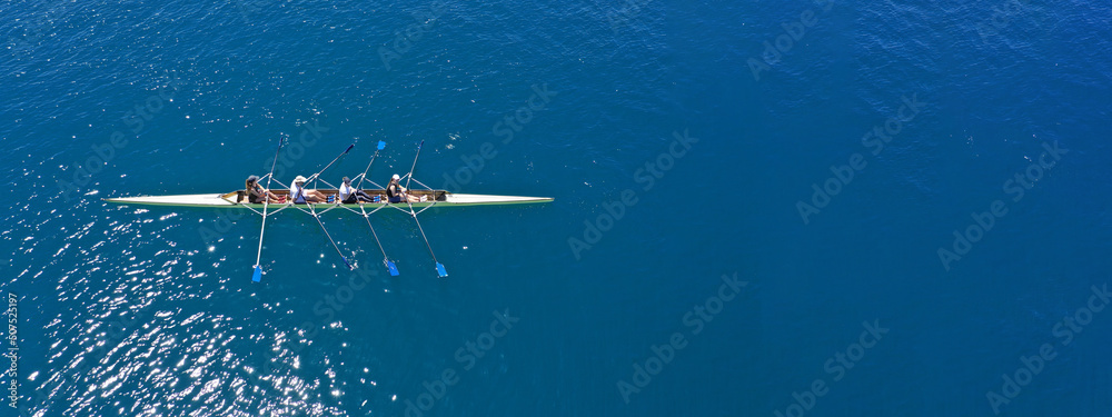 Aerial drone top ultra wide panoramic view of sport canoe rowing ...