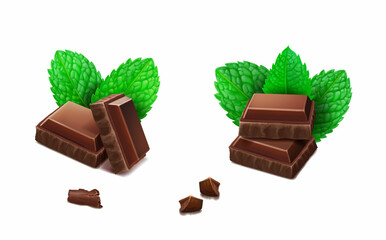 mint leaves and chocolate pieces, chocolate bar isolated with peppermint isolated realistic.