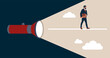 © Vadym - Entrepreneur going forward on torch flashlight light beam. Business direction guidance, career path or solution to reach goal, mentorship, help and manager support, find the way concept.