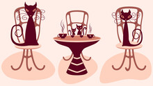 Vector Image Of A Family Of Cats At A Table, Sitting On Chairs And Drinking Tea And Coffee