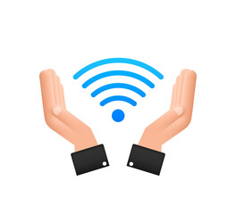 Sticker - Free wifi zone blue sign in hands icon. Free wifi here sign concept. Vector illustration.