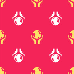 Sticker - Yellow Human hands holding Earth globe icon isolated seamless pattern on red background. Save earth concept. Vector