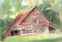 Old Village House, Abandoned Farm House In The Wood. Rural Scene.Hand Drawn Watercolour. Abstraction