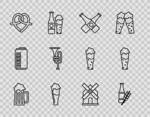 Sticker - Set line Wooden beer mug, Beer bottle, Crossed, Glass of, Pretzel, Musical instrument trumpet, Windmill and icon. Vector