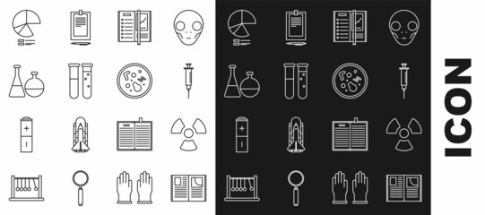 Sticker - Set line Open book, Radioactive, Syringe, Notebook, Test tube and flask chemical laboratory, Pie chart infographic and Bacteria icon. Vector