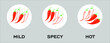 Spicy chili pepper level labels. Vector spicy food mild and extra hot sauce, chili pepper red outline icons 
