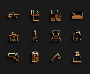 Poster - Set line Flare gun pistol, City map navigation, Pickup truck, Wooden axe, Camping gas stove, Shovel, Canteen water bottle and Hiking backpack icon. Vector