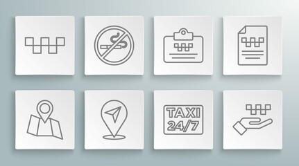 Sticker - Set line Folded map with location, No Smoking, Location, taxi, Hand, Taxi driver license, and car roof icon. Vector