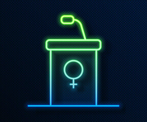 Sticker - Glowing neon line Stage stand or debate podium rostrum icon isolated on blue background. Conference speech tribune. Vector