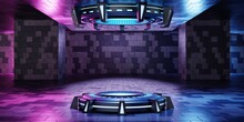 Inside Spaceship Laboratory With Empty Podium Interior Architecture With Glowing Neon For Cyberpunk Product Presentation. Technology And Sci-fi Concept. 3D Illustration Rendering