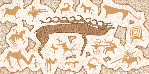 Fantasy on an ethnic theme. Petroglyphs, rock paintings of Central Asia and Mongolia, vector design.