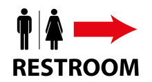 Restroom, WC. Toilet Sign Kit. Stick Figures Of A Man And A Woman, An Arrow. Flat Vector Illustration Isolated On White Background.